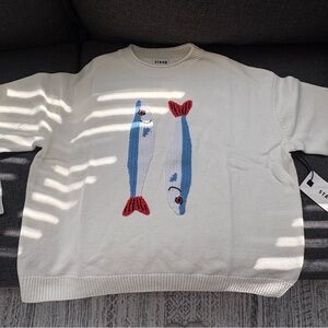 STAUD Giada Cream Knit Fish Sweater NWT